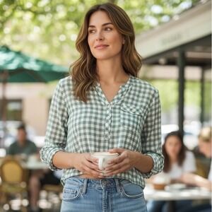 Maison Scotch Tres Jolie Green Gingham Check Henley Blouse Sz 1 (S) 100% Cotton